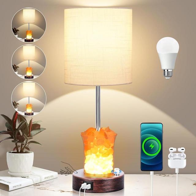 Dott Arts Bedside Table Lamp for Bedroom with with USB Port & AC Outlet, Vintage 3-Way Dimmable Nightstand Lamp with Salt Lamp, Touch Table Lamps for Living Room，Reading Room, Office, Bulbs Included