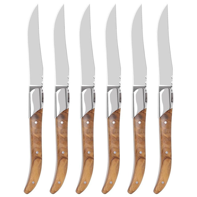 LUVCOSY Laguiole Style Steak Knife Set of 6, Non-serrated Steak Knife Set with Olive Wood Handle, Sharp Stainless Steel Steak Knives with Gift Box, Dinner Cutlery Set for Home Party