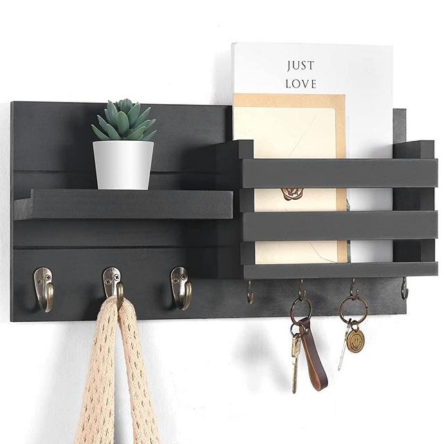 Lwenki Mail Organizer for Wall Mount – Black Key Holder with Shelf Includes Letter Holder and Hooks for Coats, Dog Leashes – Rustic Wood with Flush Mounting Hardware (16.5” x 8.7” x 3.5”) (Black)