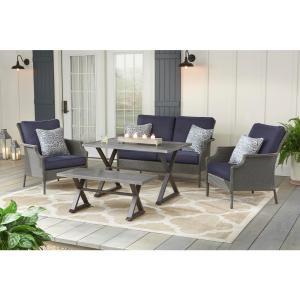 Grayson 5-Piece Gray Wicker Patio Conversation Set with Blue Olefin Cushions