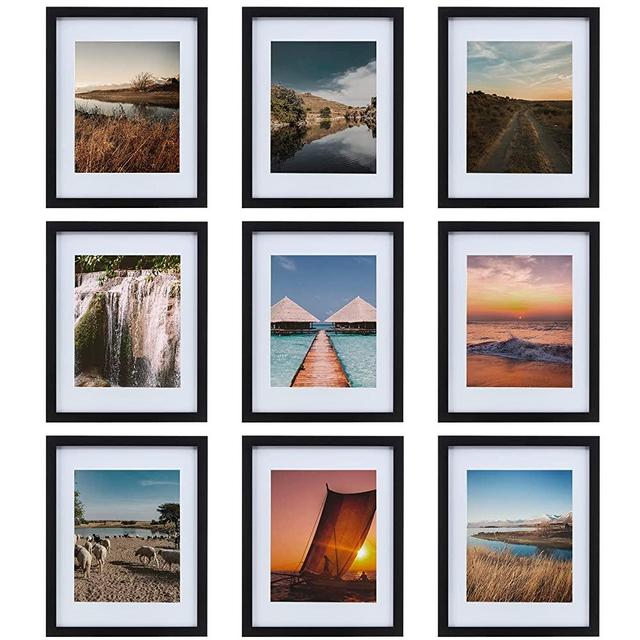 HEART ART 11x14 Picture Frame Set of 9,Display 11 x 14 Frame For 8x10 Picture Frame With Mat,11 by 14 Picture Frame For Wall,Gallery Wall Frame Set,Black