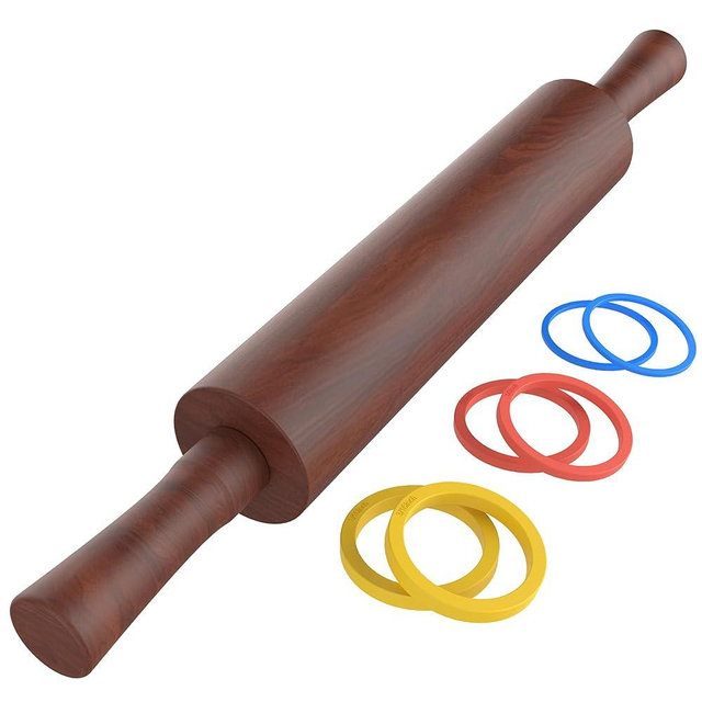 Mepple Classic Wooden Rolling Pin with Handle for Fondant, Pizza, Pies, Cookies, Pastries, Rolling Pin for Baking with 3 Multi-Color Thickness Rings, 17" x 2.5" (Include handle) Sapele Rolling Pin