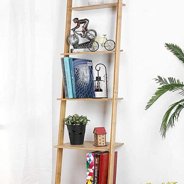 HYNAWIN Ladder Shelf 5-Tier Bookshelf –Bamboo Storage Rack Shelves Wall Leaning Shelf,Free Standing Plant Flower Stand, Corner Display Bookcase for Living Room, Bathroom, Kitchen, Office