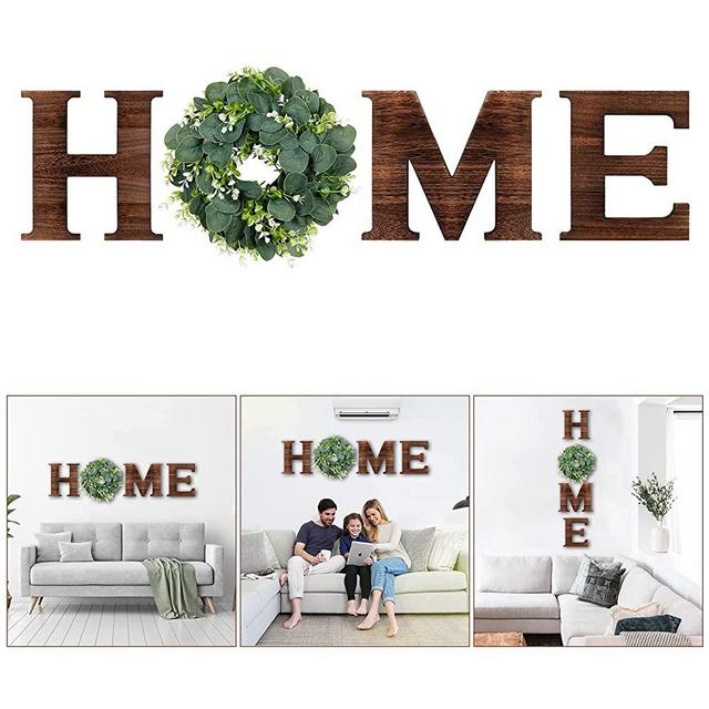 AerWo Rustic Home Sign with Artificial Eucalyptus Wreath, Wood Letters for Wall Decor, Wall Letters Decor for Living Room, Entry Way, Bedroom, Farmhouse Kitchen, Home Decor, Housewarming Gift(Brown)