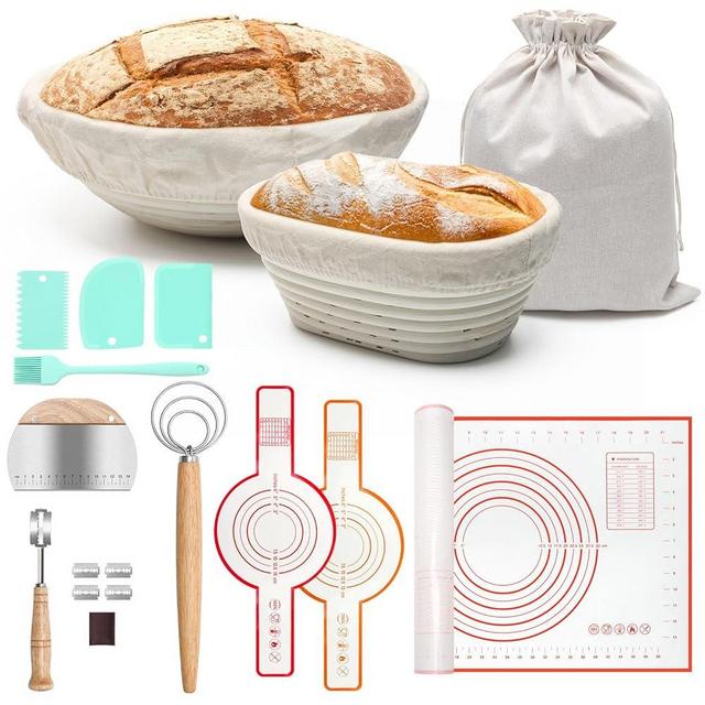 Sourdough Bread Making Baking Kit, Catcan Sourdough Starter Kit-8 Inch Oval & 9 Inch Round Bread Proofing Basket with Liner, 2 Silicone Bread Slings, Dough Whisk, Dough Scraper Kit, Silicone Brush