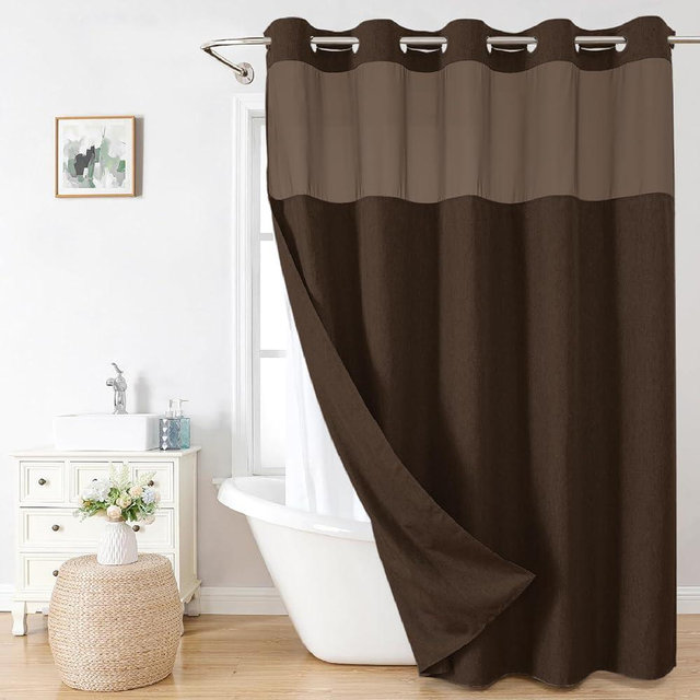 eachope No Hooks Needed Linen Textured Shower Curtain with Snap-in Fabric Liner Set,Hotel Luxury Decor Shower Curtains for Bathroom with Mesh Top Window,Waterproof & Washable,71Wx74H,Brown