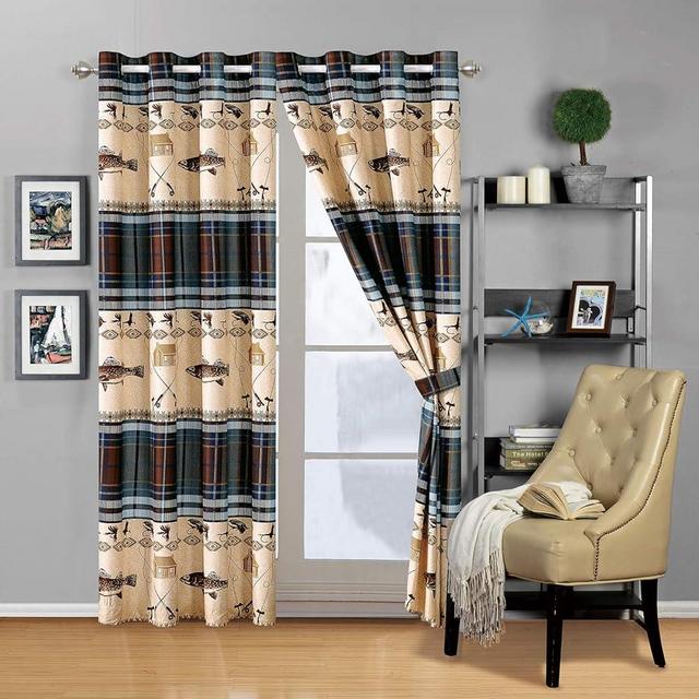 River Fly Fishing Themed Rustic Cabin Lodge Window Treatment Grommet Curtain Set with Fishing Rods Lure with Southwestern Tartan Check Plaid Tweed Patterns Blue Brown – (River Lodge, Curtains)