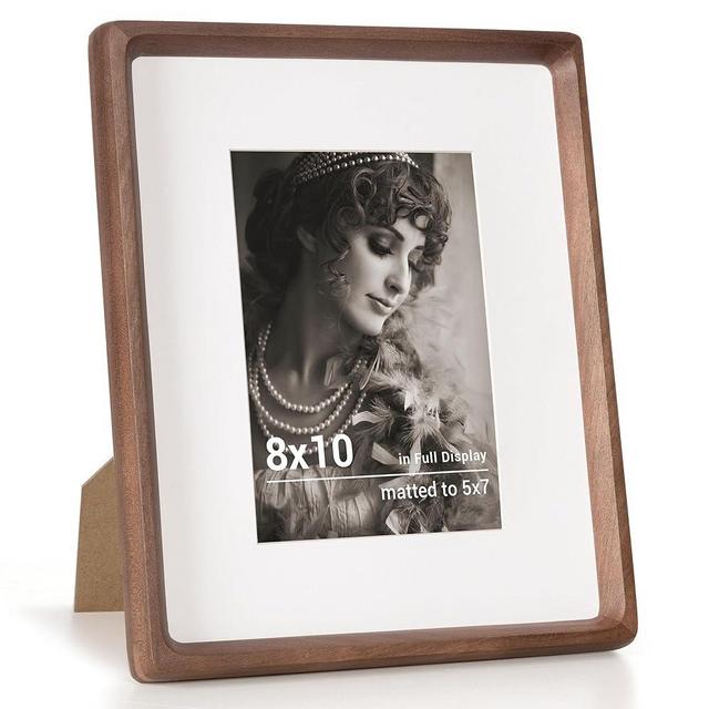 Fun Memories 8x10 Picture Frame, USA-Sourced Walnut Wood Photo Frame with HD Tempered Glass, Handcrafted Rounded Corner 8 x 10 Wooden Frame Matted to 5x7 Photos, 8x10 frame, Tabletop or Wall Display