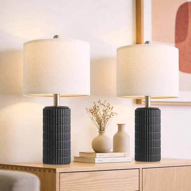 PoKat Small Table Lamps Set of 2 for Bedroom, 20.75'' Matte-Textured Farmhouse Ceramic Bedside Lamps for Night Stands, Stone-Like Modern Lamps for Living Room End Table Hallway Entryway Decor Black