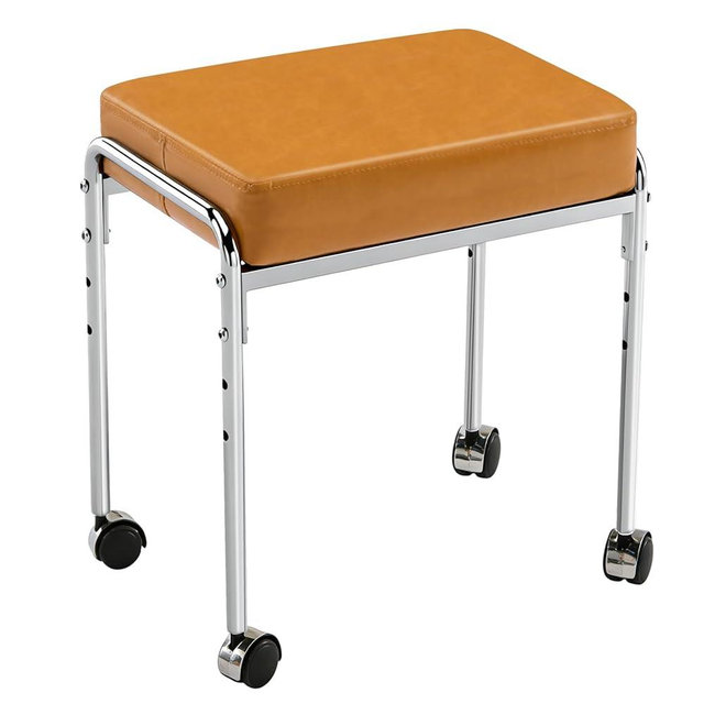 WUDOYO Rolling Vanity Stool, Green Faux Leather, Chrome Metal Frame, Adjustable Height, Modern Style, Rectangular Cushioned Seat with Wheels, 17x13x18 Inches (Yellow)