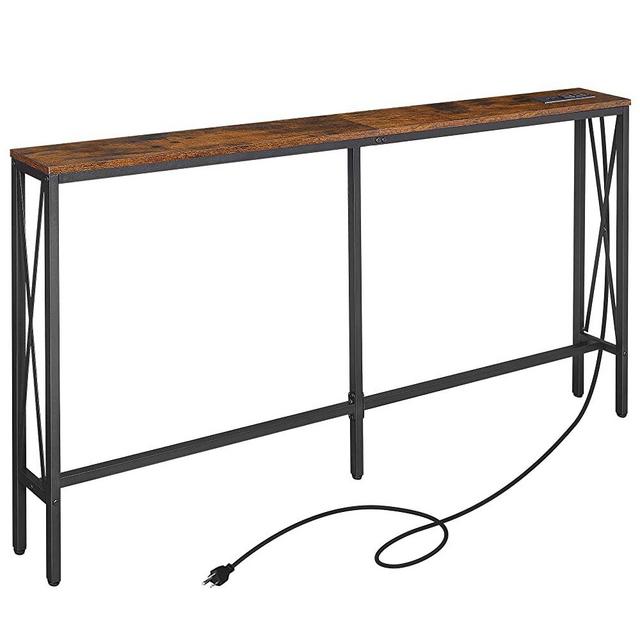 ELYKEN 5.9" Narrow Console Sofa Table with Power Outlets, 5.9" Dx63 Wx31.5 H Long Skinny Behind Couch Table with “X” Cross Metal Frame and Charge Station with 6.5’ Extension Cord, Rustic Brown