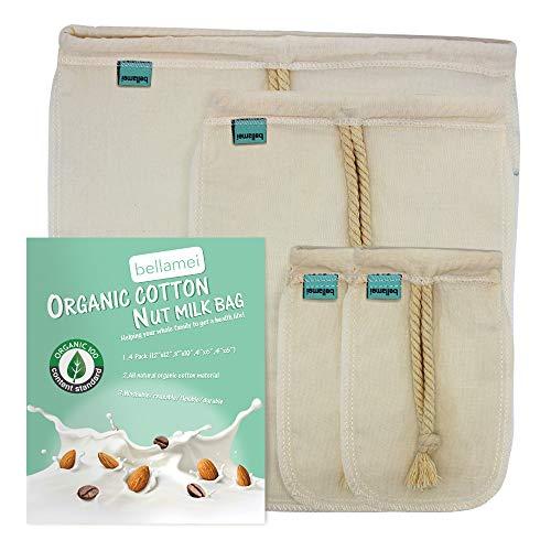Bellamei Nut Milk Bag Reusable Certified Organic Cotton Food Strainer Colander Nut Bags for Almond Milk,Juice,Cold Brew Coffee,Tea,Yogurt,Cheese,Bone Broth,Sprouting (4 pack - 12"x12" /8"x10" /4"x6")