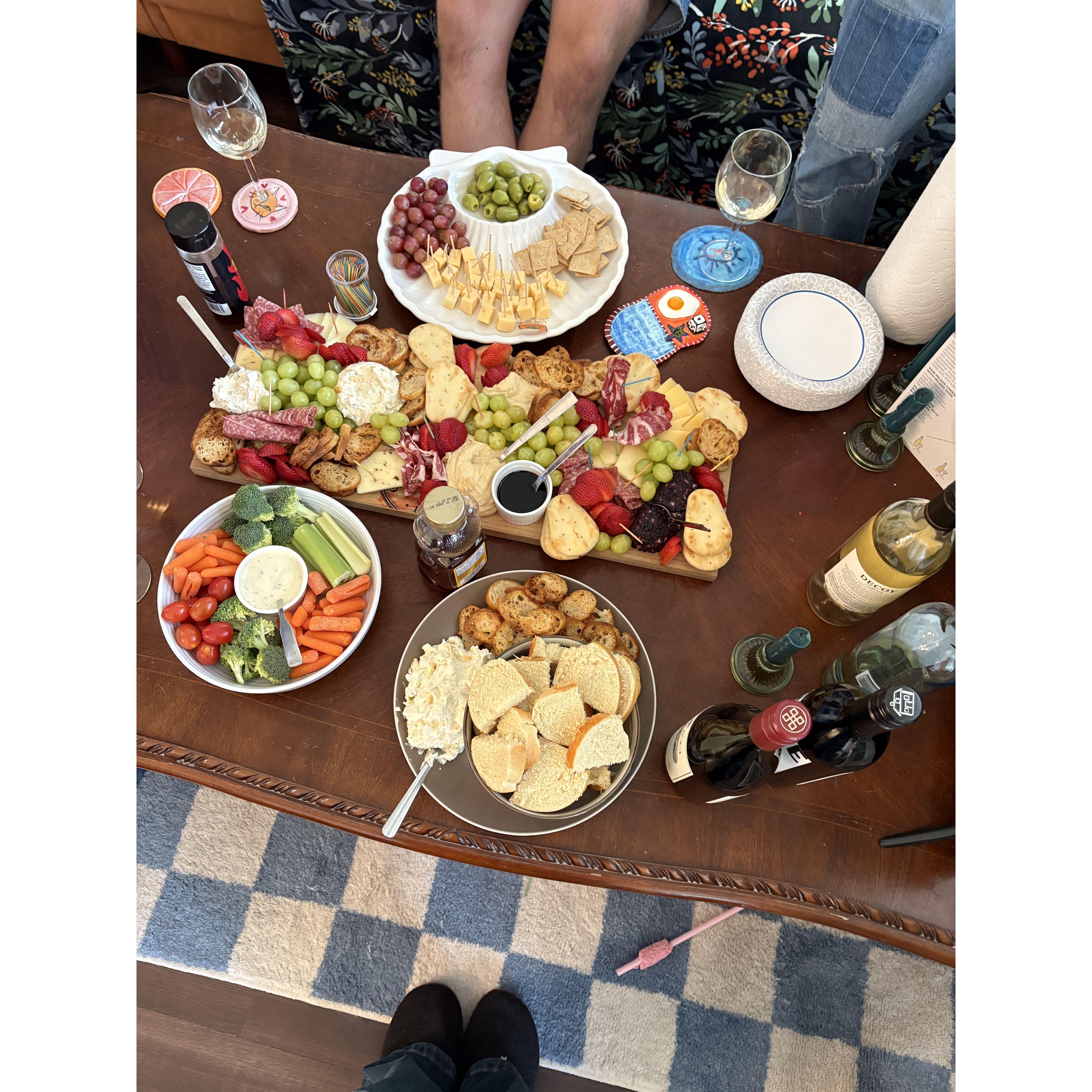 Wine and Cheese night, charcuterie board made by Reed, wines bought by Cath