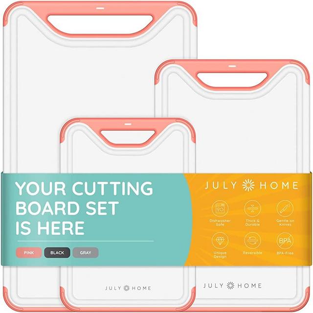 Cutting Boards for Kitchen - Plastic Cutting Board Set of 3, Dishwasher Safe Cutting Boards with Juice Grooves, Thick Chopping Boards for Meat, Veggies, Fruits, Easy Grip Handle, Non-Slip (Pink)