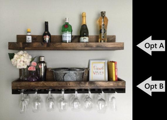 36" (LONG) Rustic Wood Wine Rack | Shelf & Hanging Stemware Glass Holder Organizer Bar Shelf Unique