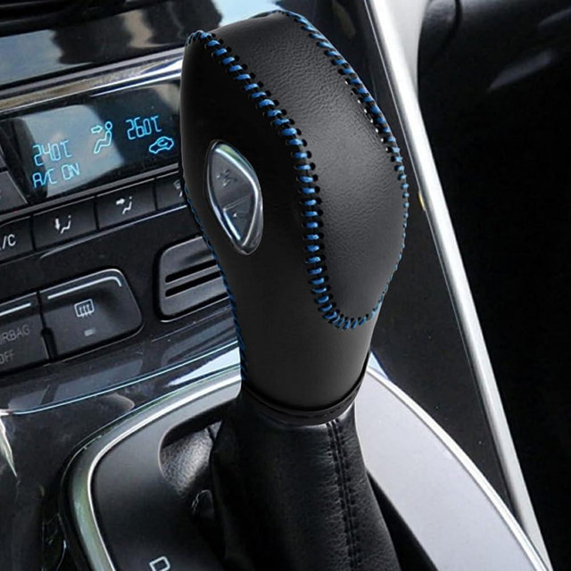 AICARS Leather Gear Shift Knob Cover Compatible with Ford Focus丨 Escape丨 Fusion丨 C-Max Energi Wagon丨 Transit 丨 Fiesta 2012-2019 Black Leather with Blue Stitches Shifter Knob Cover- Black