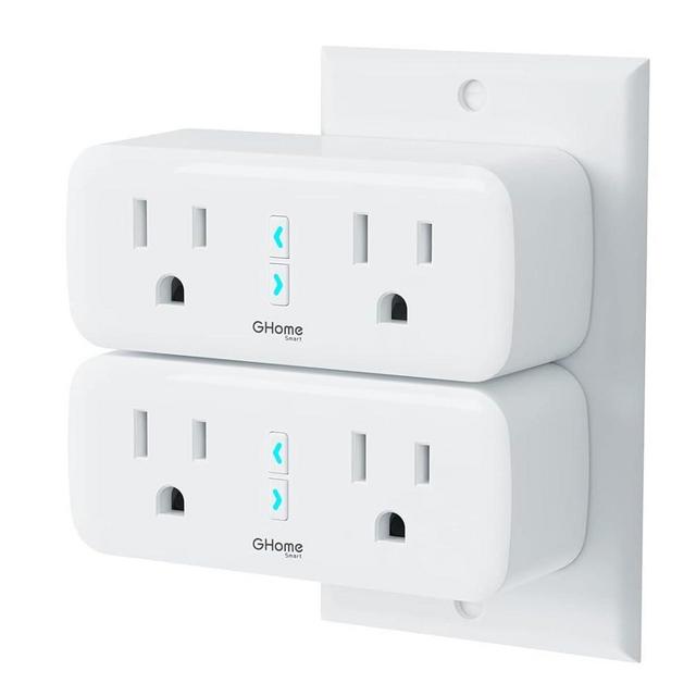 GHome Smart Plug Outlet Extender 15A, WiFi Smart Plugs Compatible with Alexa and Google Home, Smart Surge Protector Outlet with Remote Control and Timer, Dual Sockets, No Hub Required, White, 2 Pack