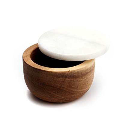 jalz jalz Large Wood Salt Box Spice Seasonings Keeper Solid Natural Acacia Base White Marble Lid Elegant Design Decorative Boxes Big Capacity