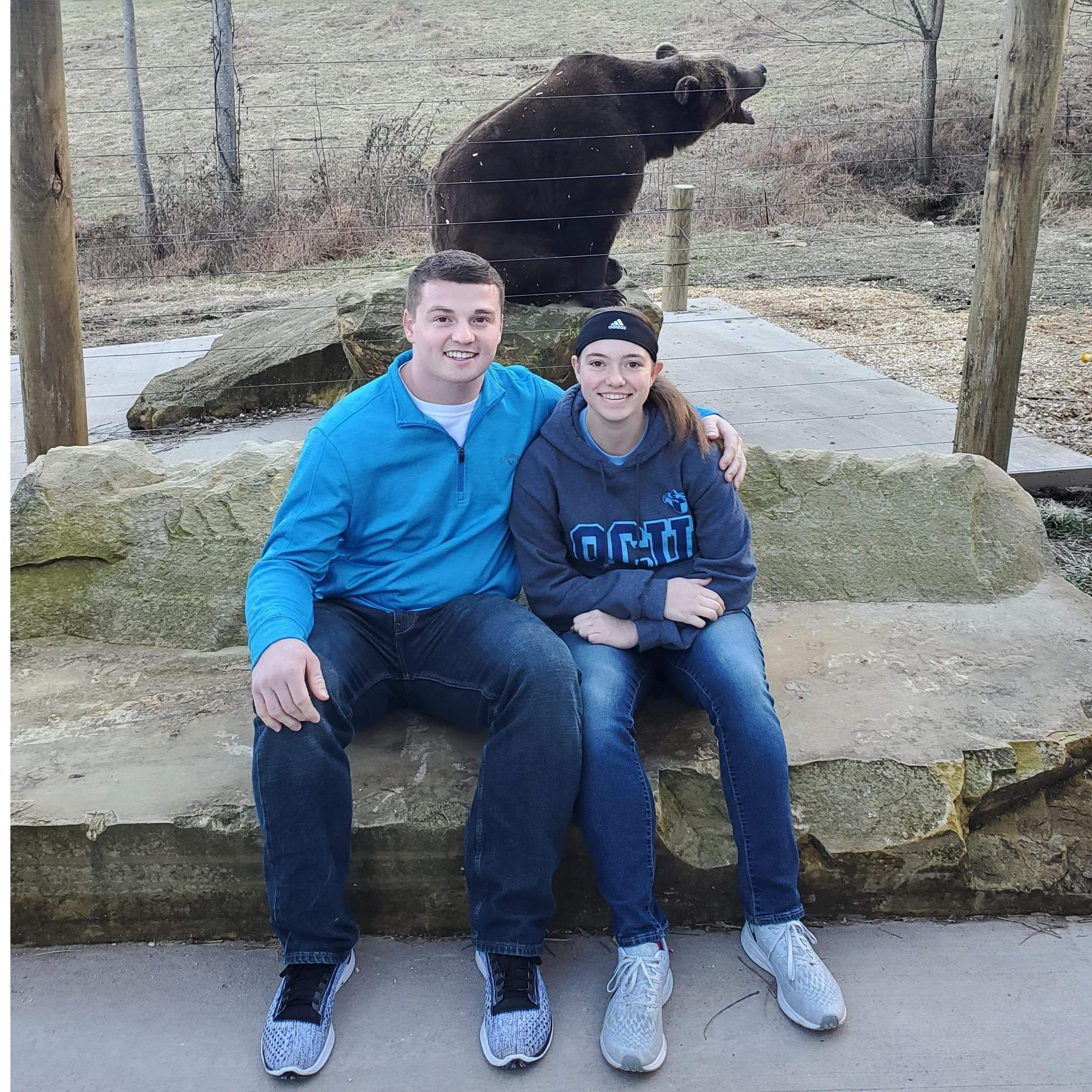 On our second date, Clint took me to pet my favorite animal, kangaroos, at Wilstem Ranch in Paoli. Here, the Grizzly man took our picture in front of his posing bear during the wildlife exhibition.