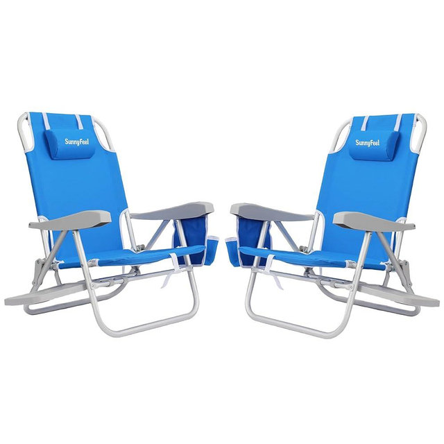 SUNNYFEEL Portable Beach Chair, Lightweight Beach Chair for Adults, Folding Camping Chair with Side Table & Organizer Bag, 3 Position Adjustable, Support 300lbs Heavy Duty, Low Back, Blue, 2 Pack