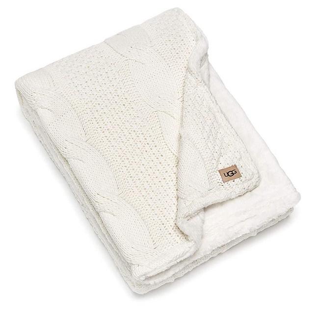 UGG Erie Blanket – Cable Knit Faux Fur Accent Throw – Fully Reversible Oversized Wrap Cozy Blanket – 50” x 70” - Snow