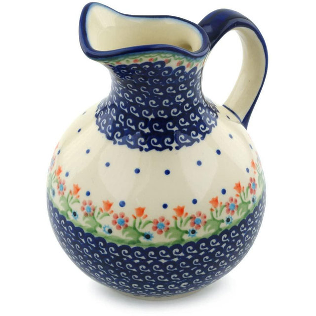 Polmedia Polish Pottery Pitcher - Spring Flowers Pattern Handmade in Boleslawiec Poland by Ceramika Bona + Certificate of Authenticity