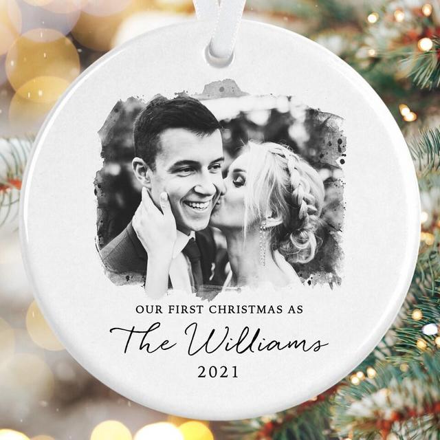 Custom Wedding Photo Ornament, Engagement or Married Ornament, Personalized Couple Christmas Ornament, Custom Christmas Ornament