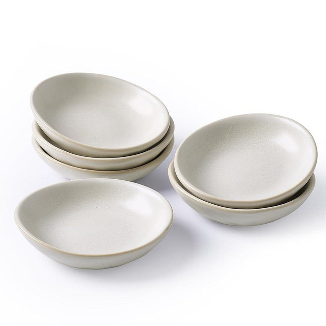 famiware Ocean Soy Sauce Dishes of 6, Oval Dipping Sauce Cups/Bowls for Kitchen, 2.1oz Ceramic Small Bowls for Side Dish, Appetizers, Snacks, and Sushi, Reactive Glaze, Dishwasher Safe, Matte White