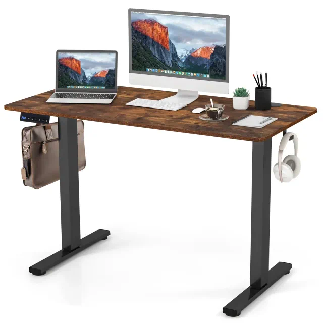 Costway 48'' x 24'' Electric Standing Desk Height Adjustable with 3 Memory Heights & 2 Cable Management Holes Rustic Brown