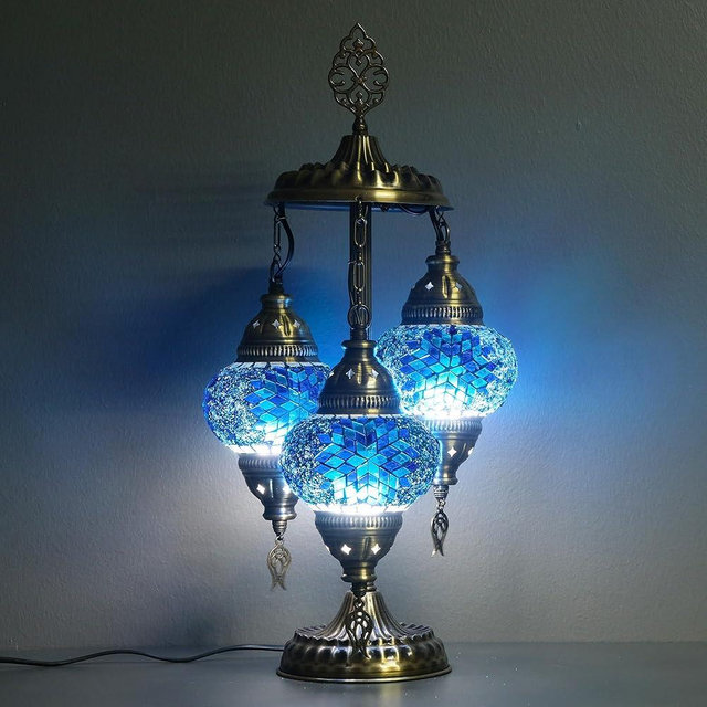 Asylove Turkish Lamp, 3 Globe Turkish Mosaic Table Lamp, Living Room and Office Decoration Lighting 5 inc Globe Total Dimesions 12 x 12 x 24 inch (Daisy Blue)