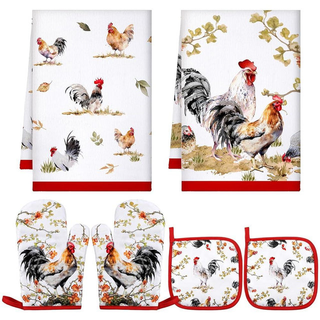 Bencailor 6 Pcs Christmas Rooster Kitchen Set Chicken Kitchen Dish Towels Pot Holders and Oven Mitts Set for Christmas Kitchen Cooking Baking Grilling