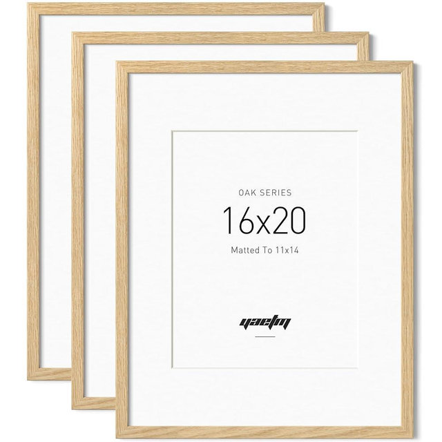 Yaetm Minimalist 16x20 Oak Picture Frame with Mat for 11x14, Natural Solid Oak Wood 16x20 Frames Set of 3, Lightweight, Wall Mount (3 Pack, Oak)