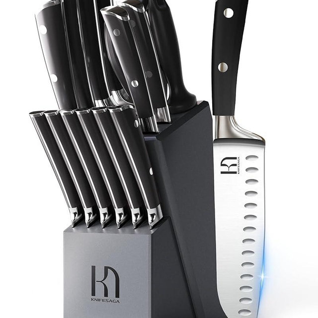 KnifeSaga Premium Knife Set 15 Pcs Quality Kitchen Knife Set with Block, Japanese High Carbon Stainless Steel Razor Sharp Knife Block Set, Acacia Wood Block Knife Set with Ergonomic Full-tang Handle