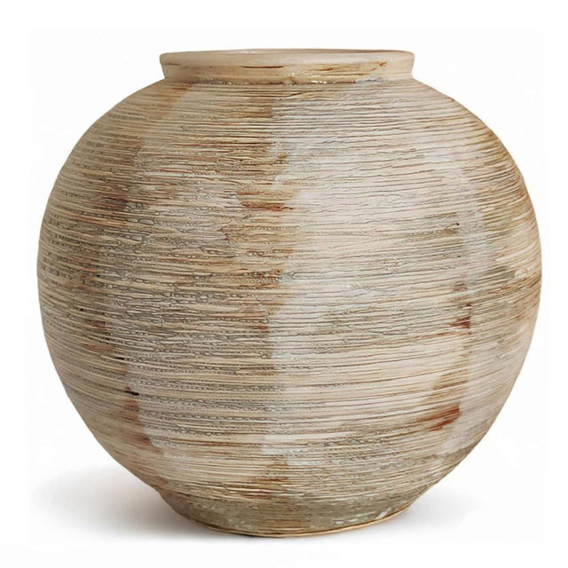 Rustic Ribbed Vase Home Decor - 6.3 in Ceramic Vintage Farmhouse Vases for Decor, Decorative Terracotta Round Bowl vase for Living Room, Table, Shelf, Kichen Decor
