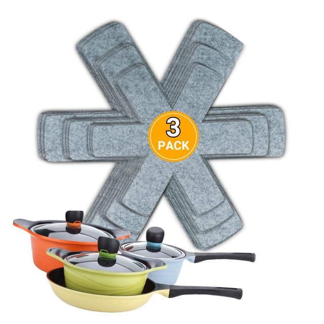 SAVUK Pot and Pan Protectors Set of 3 and 3 Different Sizes Separators Pad Pot Dividers Anti-Slip Pad for Stacking and Protecting Cookware Avoid Scratching (10" 12.5" 15") (Grey)