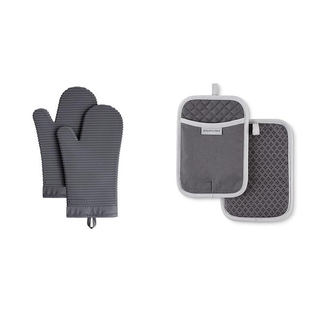 KitchenAid Ribbed Soft Silicone Oven Mitt Set, Charcoal Grey 2 Count, 7.5"x13" & Asteroid Pot Holder 2-Pack Set, Charcoal Grey, 7"x10"
