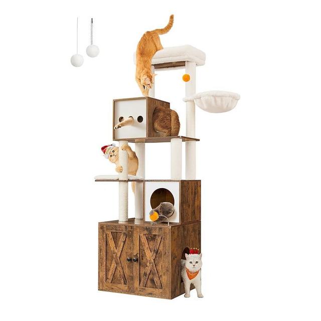 Feandrea Cat Tree with Litter Box Enclosure, 2-in-1 Modern Cat Tower, 72.8-Inch Tall Cat Condo with Scratching Posts, Perch, Caves, Basket, Washable Cushions, Rustic Brown UPCT116X01