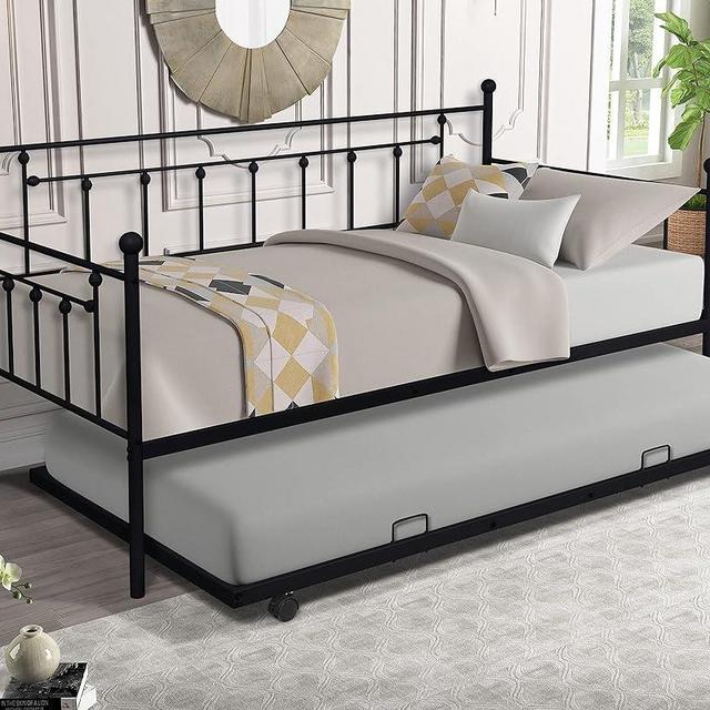 CALABASH Twin Size Daybed and Trundle Frame Set, Metal Frame with Pull Out Trundle for Teens Kids Adults for Living Room Bedroom Room (Black)