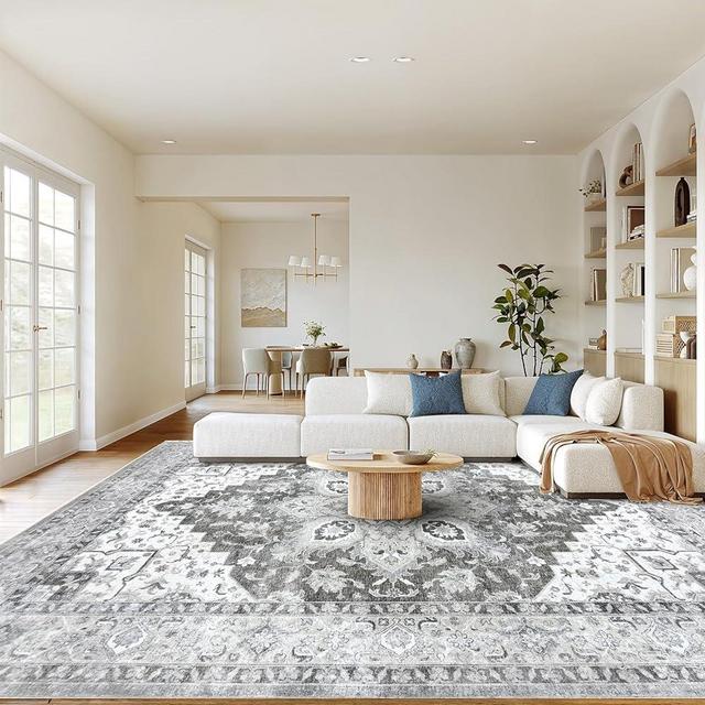 AMADA HOMEFURNISHING 9x12 Area Rugs, Low-Profile Large Washable Area Rug with Non-Slip Backing & Durable Edge Binding, Vintage Rugs for Living Room, Bedroom & Dinning Room