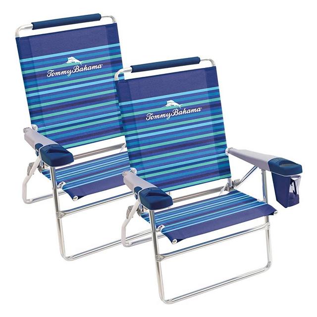 Set of 2 Tommy Bahama Highboy 4 Position Beach Chairs 15 Inch Seat Height with Cupholder, Side Storage Pouch and Mobile Phone Holder
