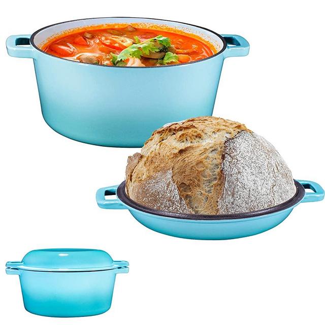 2 in 1 Enameled Cast Iron Double Dutch Oven & Skillet Lid, 5-Quart, Induction, Electric, Gas & In Oven Compatible, Enameled Blue