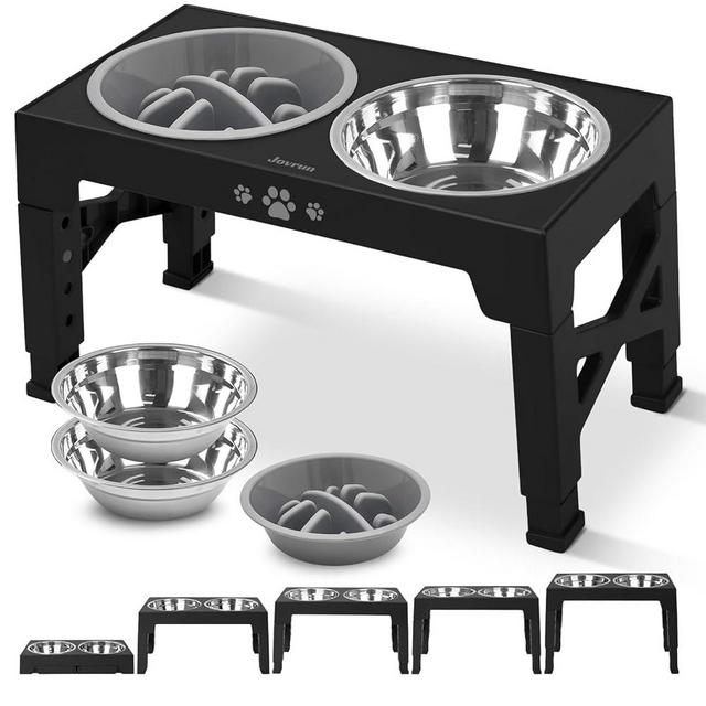 Jovrun Elevated Dog Bowls, Dog Feeder with 2 Stainless Steel Bowls &1 Slow Feeder Dog Bowls, 5 Heights Adjustable Raised Dog Bowls Stand for Small Medium Large Dogs, Dog Food Bowls with Non-Slip Feet