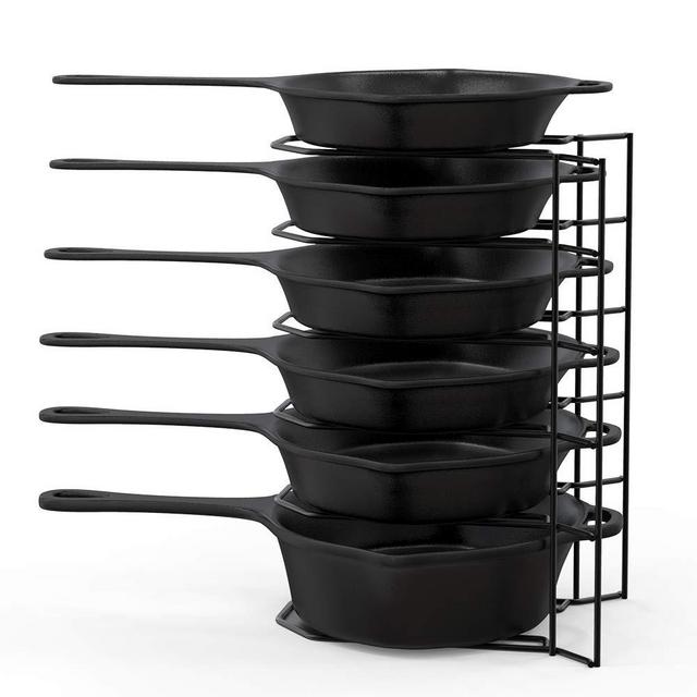 MUDEELA 6 Tier Heavy Duty Pan Organizer, Pan Rack Holds Cast Iron Skillets, Griddles and Shallow Pots, Pan Organizer Rack for Cabinet Kitchen, Durable Steel Construction, No Assembly Required