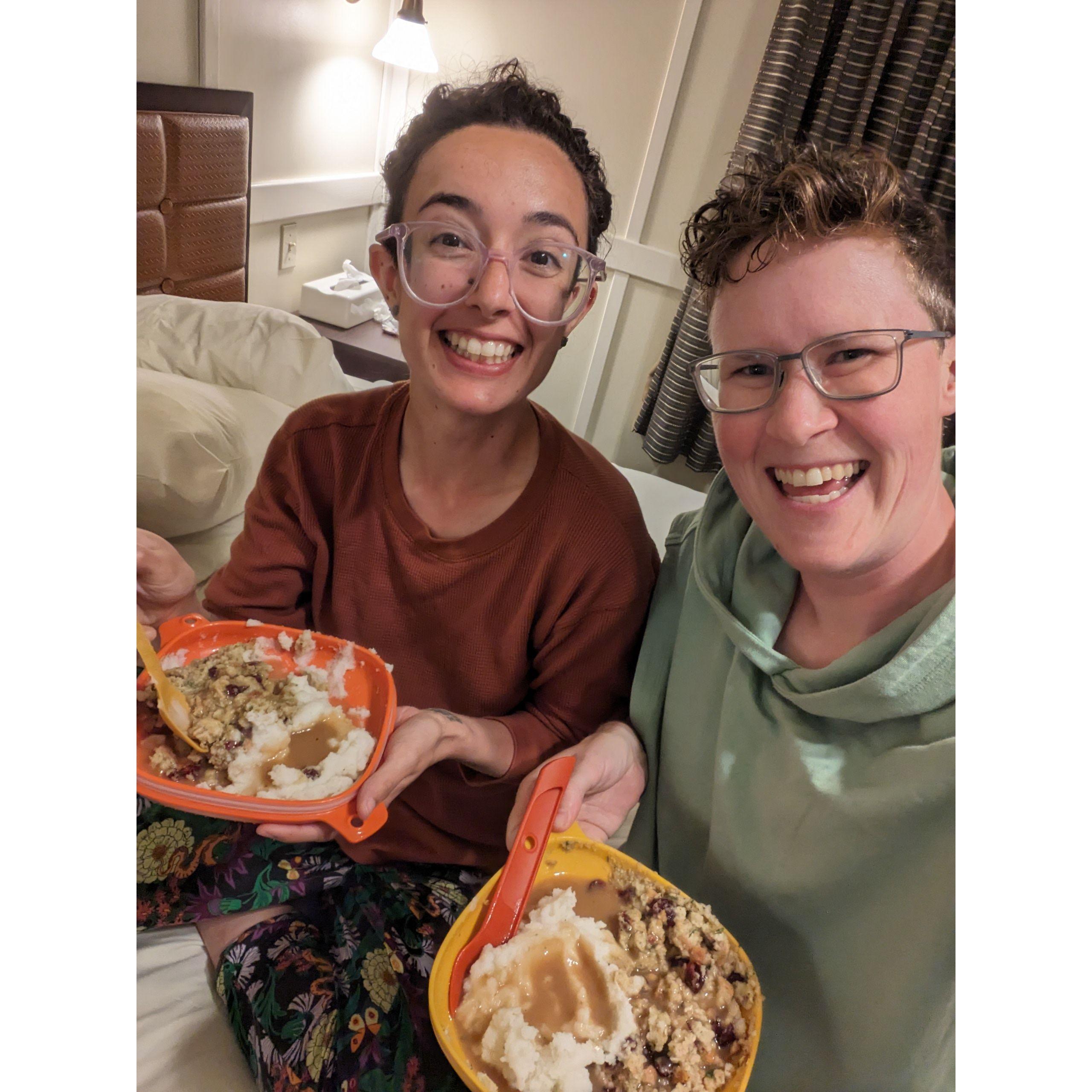 We promise to feed you better than this anniversary dinner: "camping thanksgiving" cooked in the cabin at Mammoth Hot Springs. Though it was delicious after a 5-mile hike in the rain!