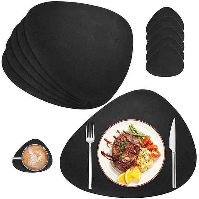 AHHFSMEI Placemats Set of 6 Coasters and 6 Faux Leather Place mats Waterproof Coffee Mats Easy Clean Table Mats （Black）