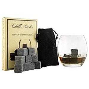 Set of 9 Grey Beverage Chilling Stones [Chill Rocks] Whiskey Stones for Whiskey and other Beverages - in Gift Box with Velvet Carrying Pouch - Made of 100% Pure Soapstone - by Quiseen