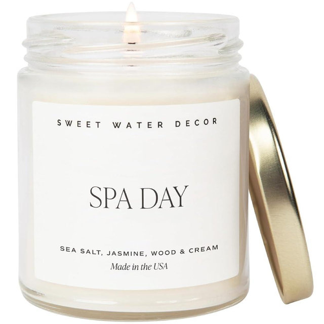 Sweet Water Decor Spa Day Soy Candle - Sea Salt, Jasmine, Wood and Cream Scented Spring Candles for Home - 9oz Clear Jar + Gold Lid, 40+ Hour Burn Time, Made in The USA