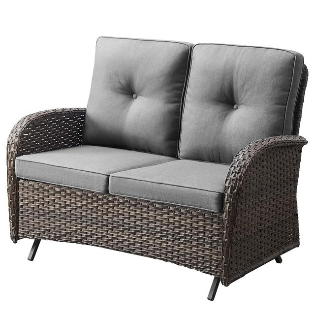 Belord Outdoor Glider Bench Patio Loveseat - 500 Lbs Weight Capacity 2 Seater Wicker Sofa, Small Porch Glider Furniture All Weather Rattan Couch with Removble Cushion for Balcony Deck Backyard, Brown