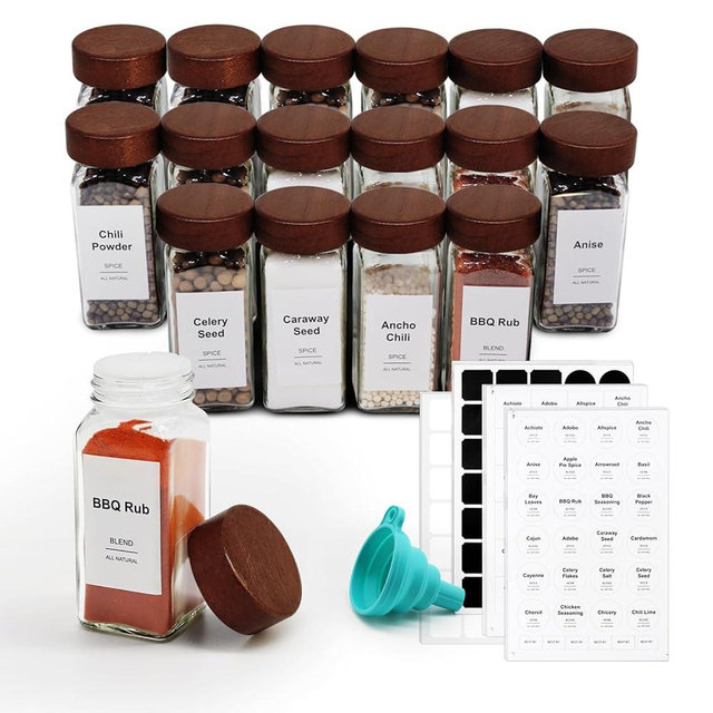 CKCY 16 Pcs Spice Jars, 4oz Seasoning Containers with Acacia Wood Shaker Lids, Glass Spice Bottles with Labels, Square Seasoning Organizer, Kitchen Spice Container