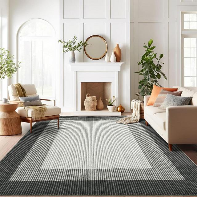 Modern Border Area Rug 8x10 Large Washable Living Room Neutral Carpet, Non-Slip Non Shedding Gradient Soft Rug, Low Pile Foldable Printed Nursery Rug